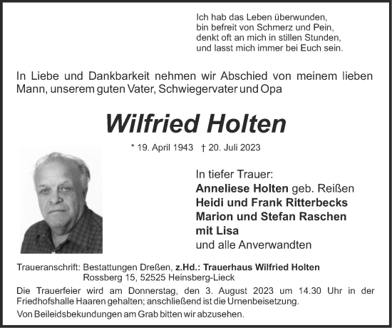 Traueranzeige von Wilfried Holten von Zeitung am Sonntag