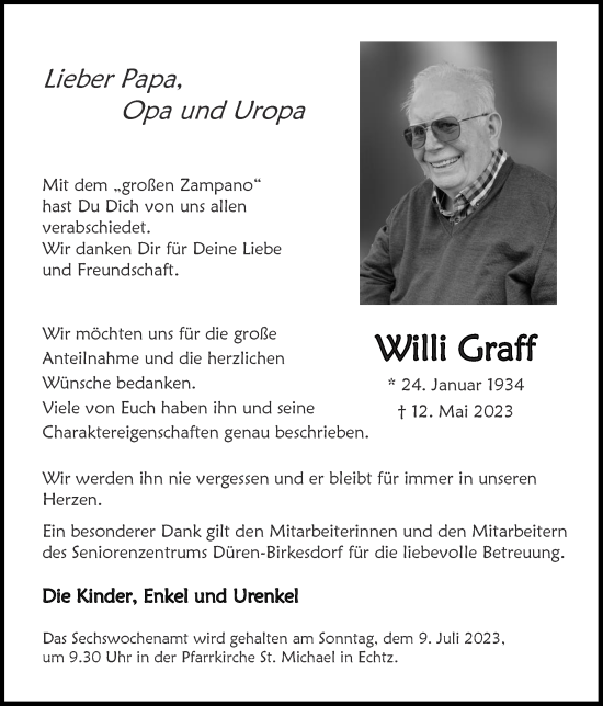 Traueranzeige von Willi Graff von Zeitung am Sonntag