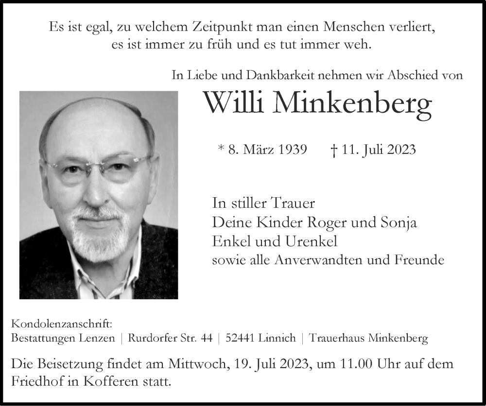 Traueranzeigen von Willi Minkenberg Aachen gedenkt