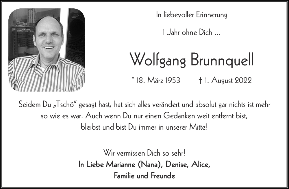 Traueranzeige für Wolfgang Brunnquell vom 15.07.2023 aus Aachener Zeitung