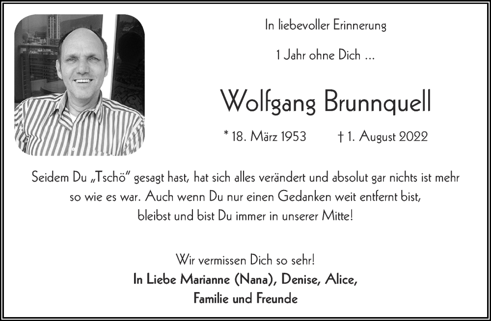  Traueranzeige für Wolfgang Brunnquell vom 30.07.2023 aus Zeitung am Sonntag