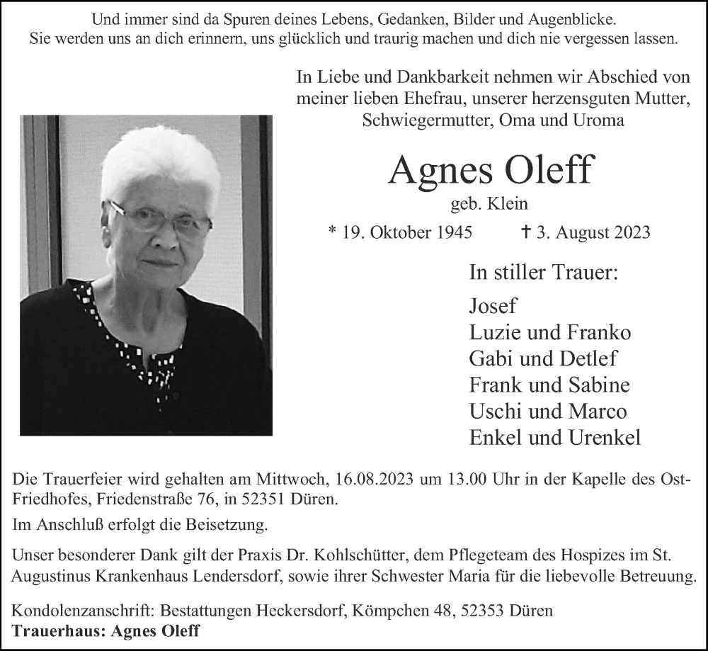  Traueranzeige für Agnes Oleff vom 13.08.2023 aus Zeitung am Sonntag