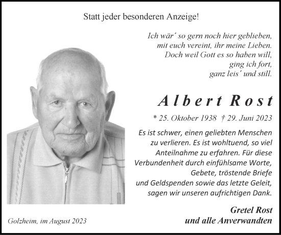 Traueranzeige von Albert Rost von Zeitung am Sonntag