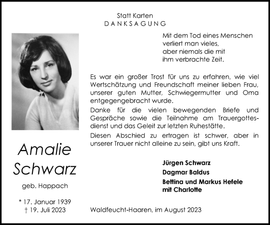 Traueranzeige von Amalie Schwarz von Zeitung am Sonntag