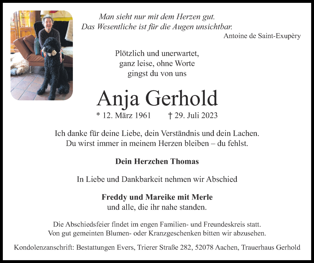  Traueranzeige für Anja Gerhold vom 13.08.2023 aus Zeitung am Sonntag