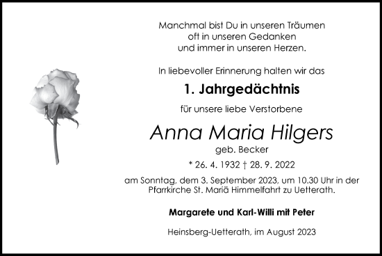 Traueranzeige von Anna Maria Hilgers von Zeitung am Sonntag