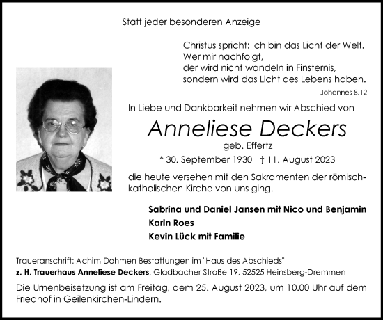 Traueranzeige von Anneliese Deckers von Zeitung am Sonntag