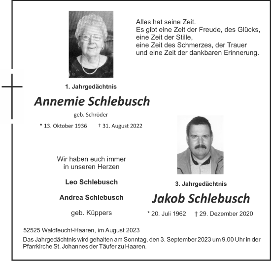 Traueranzeige von Annemie Schlebusch von Zeitung am Sonntag