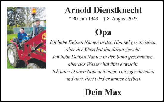 Traueranzeige von Arnold Dienstknecht von Zeitung am Sonntag