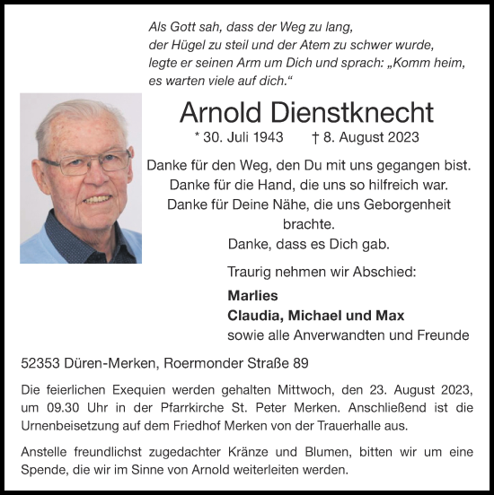 Traueranzeige von Arnold Dienstknecht von Zeitung am Sonntag