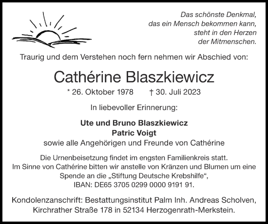 Traueranzeige von Cathérine Blaszkiewicz von Zeitung am Sonntag