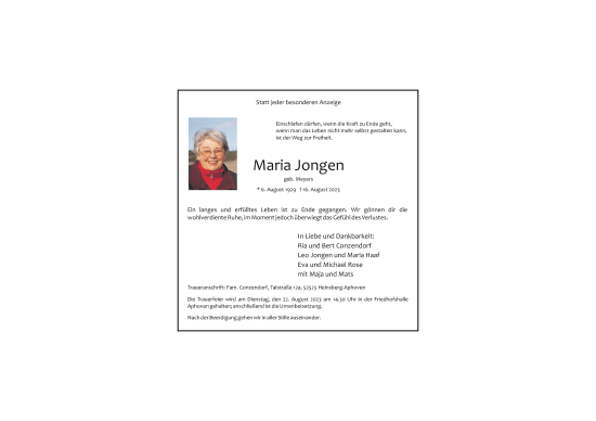 Traueranzeige von Maria Jongen von Zeitung am Sonntag