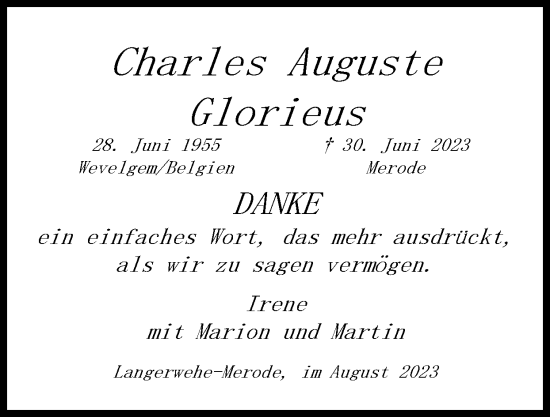 Traueranzeige von Charles Auguste Glorieus von Zeitung am Sonntag