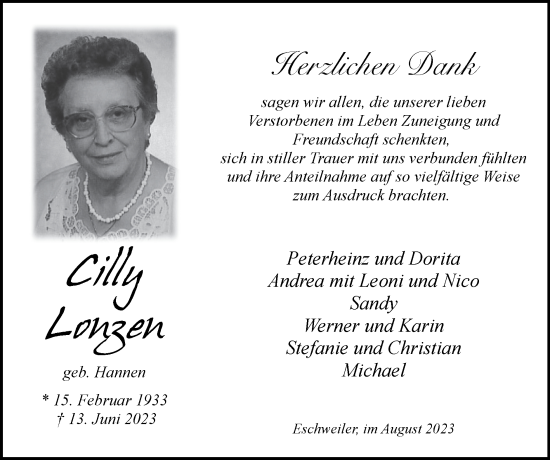 Traueranzeige von Cilly Lonzen von Zeitung am Sonntag