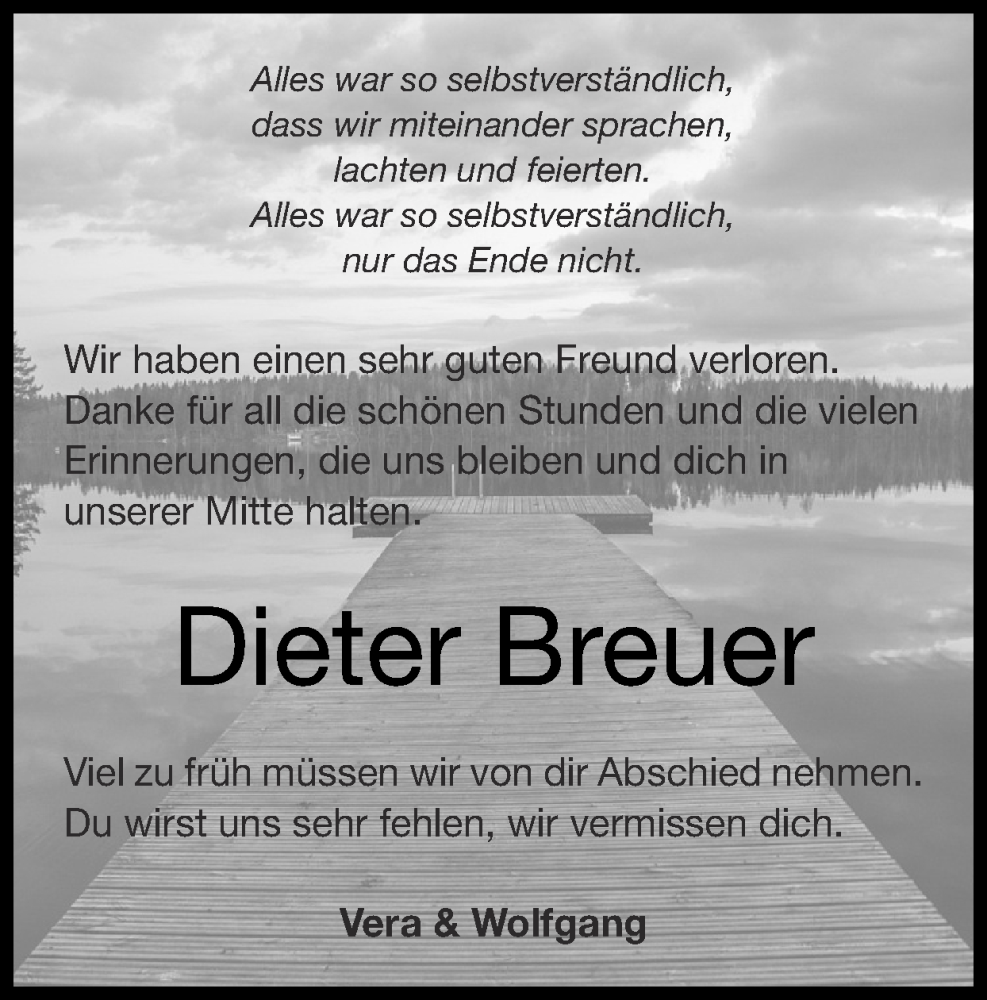  Traueranzeige für Dieter Breuer vom 27.08.2023 aus Zeitung am Sonntag