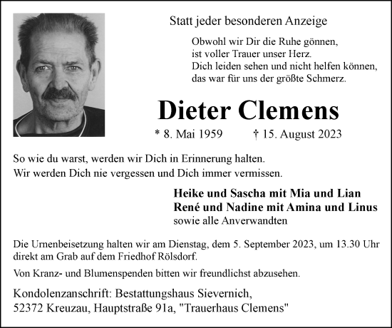 Traueranzeige von Dieter Clemens von Zeitung am Sonntag