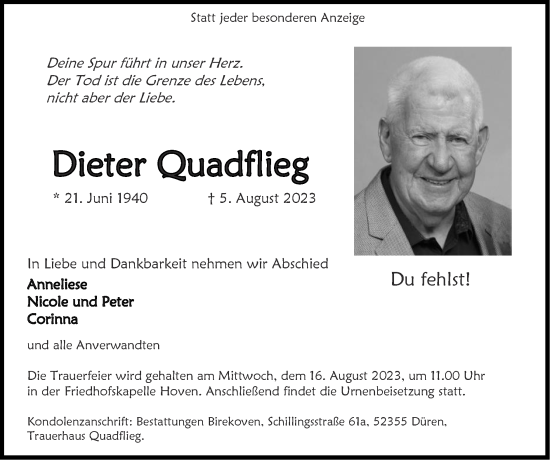 Traueranzeige von Dieter Quadflieg von Zeitung am Sonntag