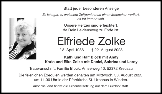 Traueranzeige von Elfriede Zolke von Zeitung am Sonntag