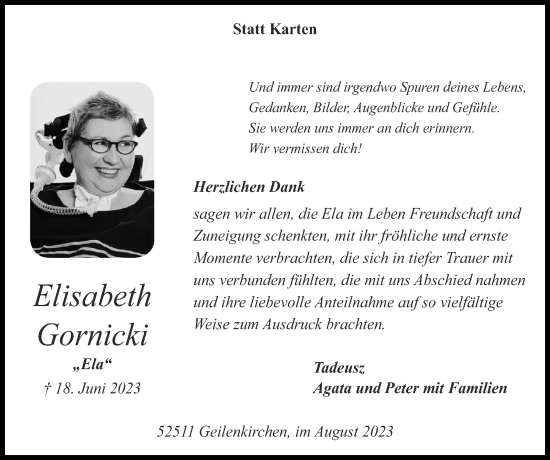 Traueranzeige von Elisabeth Gornicki von Zeitung am Sonntag