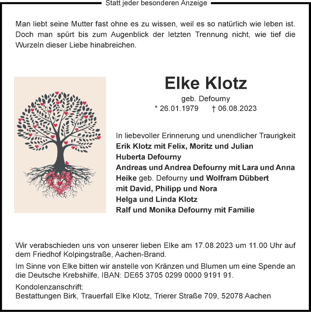  Traueranzeige für Elke Klotz vom 13.08.2023 aus Zeitung am Sonntag