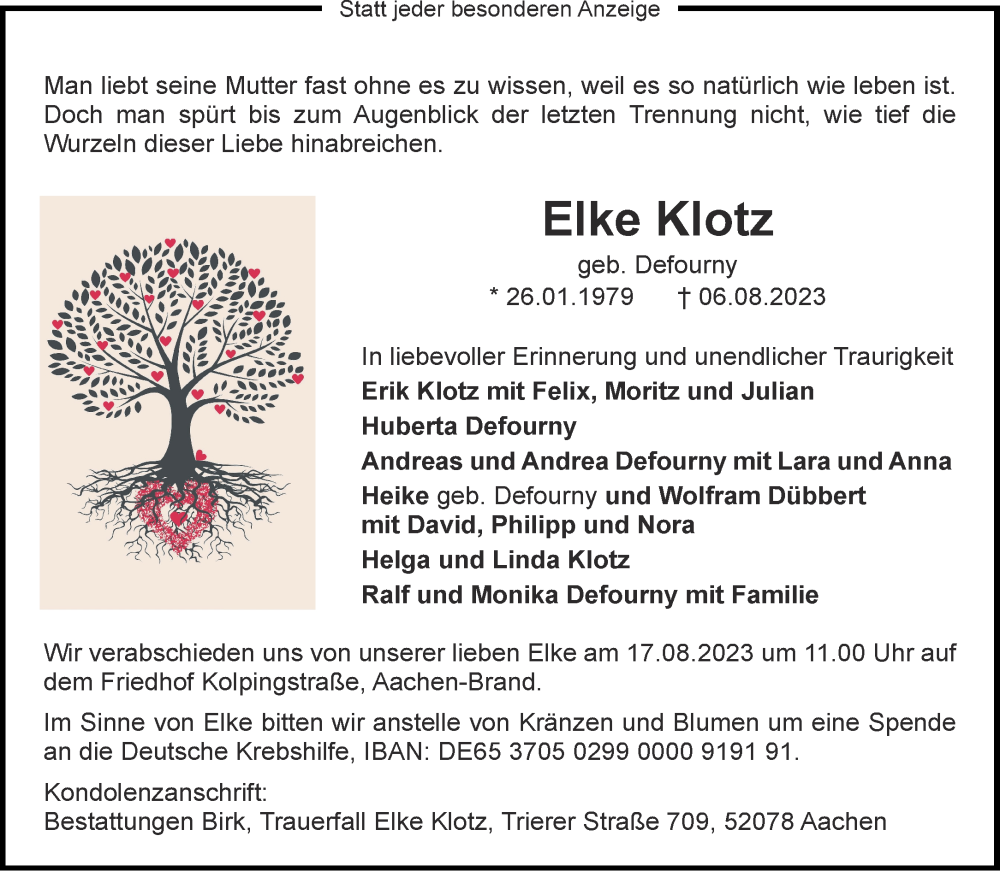  Traueranzeige für Elke Klotz vom 12.08.2023 aus Aachener Zeitung