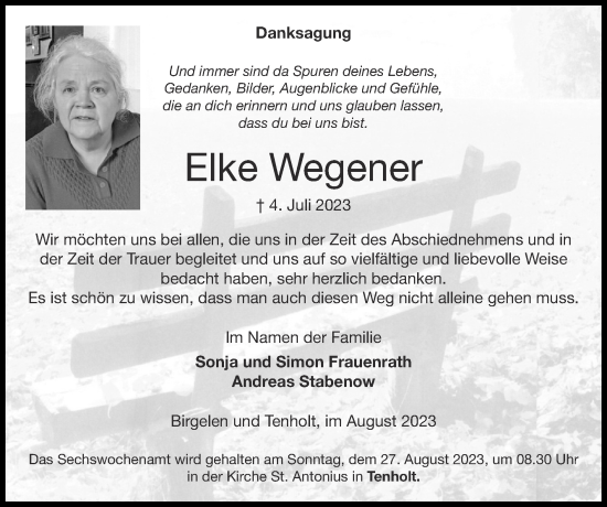 Traueranzeige von Elke Wegener von Zeitung am Sonntag