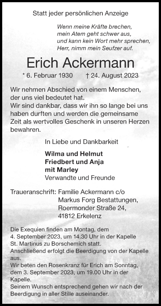 Traueranzeige von Erich Ackermann von Zeitung am Sonntag