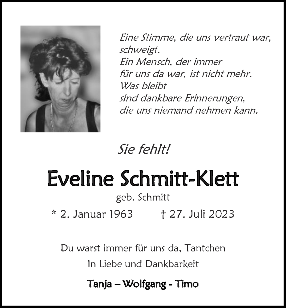  Traueranzeige für Eveline Schmitt-Klett vom 13.08.2023 aus Zeitung am Sonntag