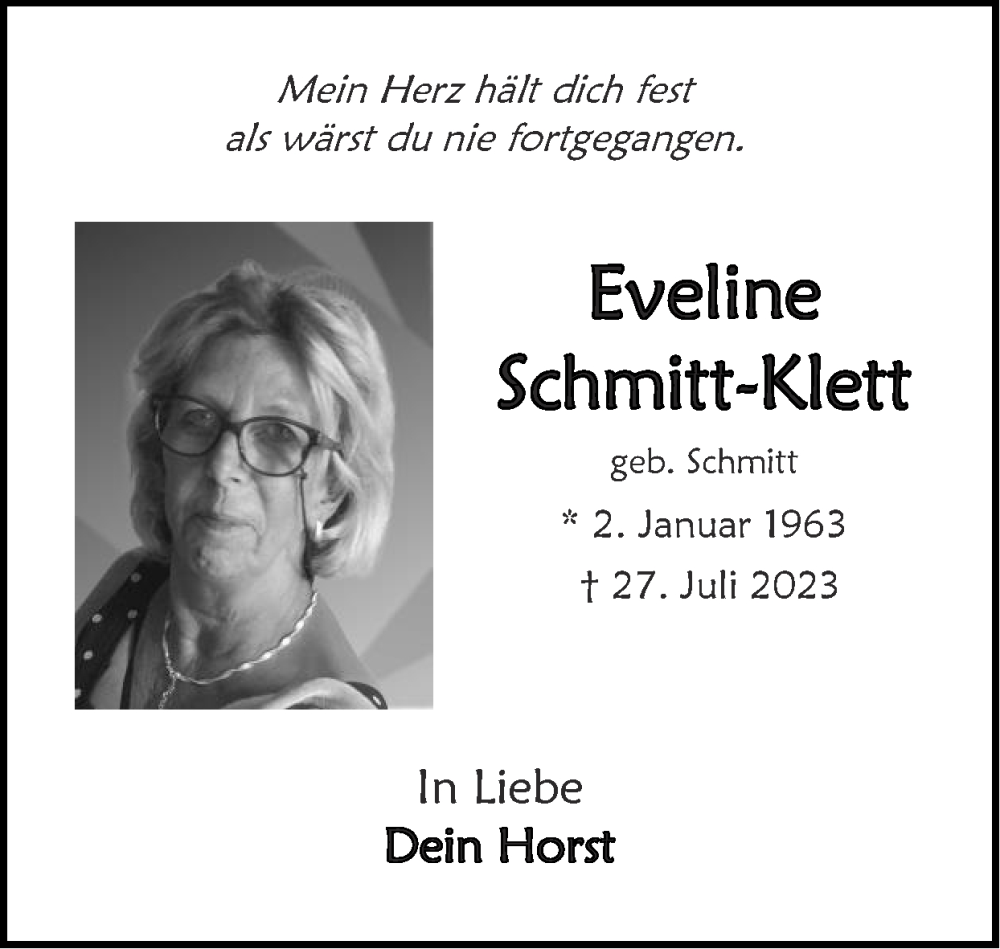  Traueranzeige für Eveline Schmitt-Klett vom 13.08.2023 aus Zeitung am Sonntag