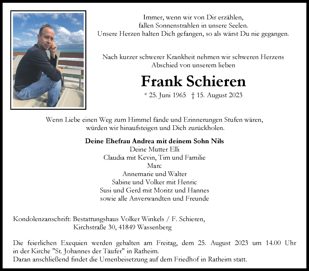  Traueranzeige für Frank Schieren vom 20.08.2023 aus Zeitung am Sonntag
