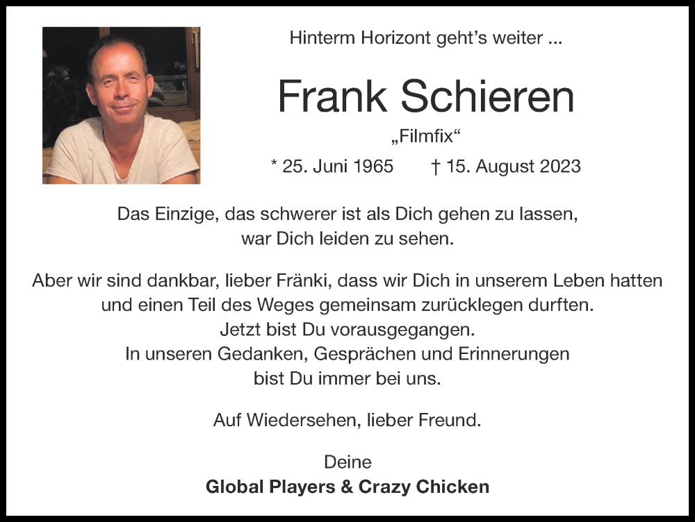 Traueranzeige für Frank Schieren vom 27.08.2023 aus Zeitung am Sonntag