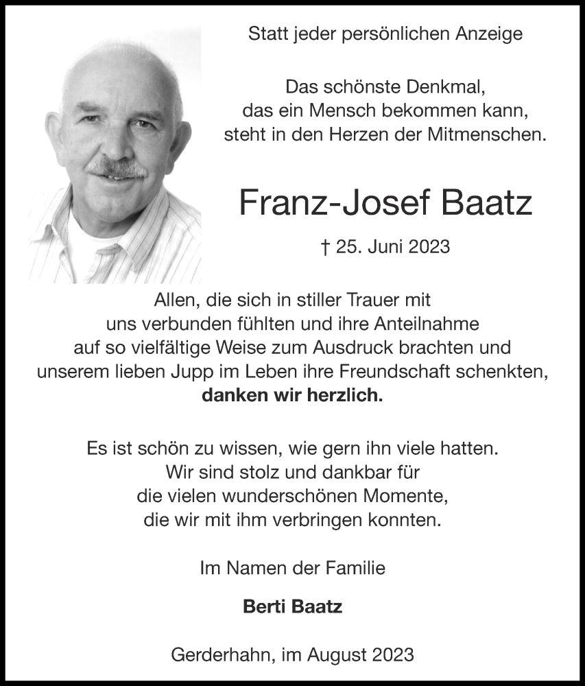 Traueranzeige für Franz-Josef Baatz vom 13.08.2023 aus Zeitung am Sonntag