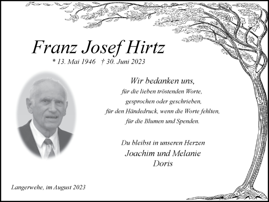 Traueranzeige von Franz Josef Hirtz von Zeitung am Sonntag