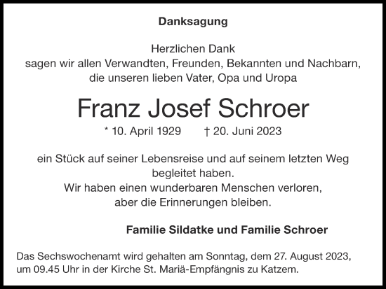Traueranzeige von Franz Josef Schroer von Zeitung am Sonntag