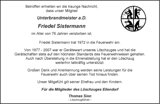 Traueranzeige von Friedel Sistermann von Aachener Zeitung