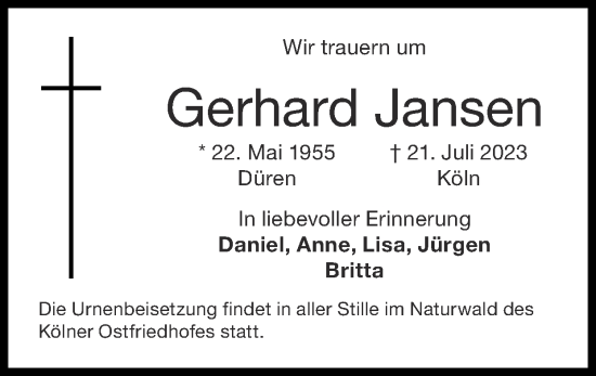 Traueranzeige von Gerhard Jansen von Zeitung am Sonntag