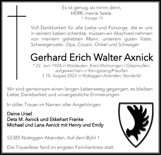 Traueranzeige von Gerhard Erich Walter Axnick von Zeitung am Sonntag