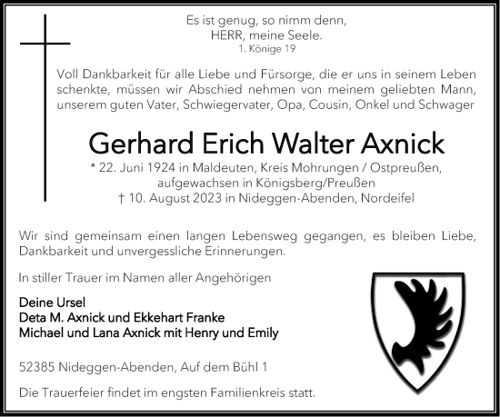 Traueranzeige von Gerhard Erich Walter Axnick von Aachener Zeitung