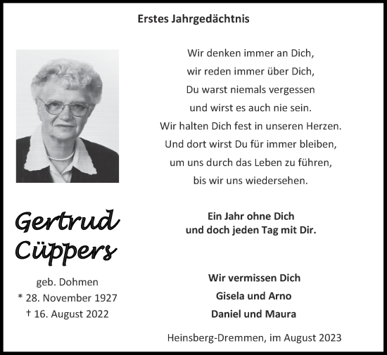 Traueranzeige von Gertrud Cüppers von Zeitung am Sonntag