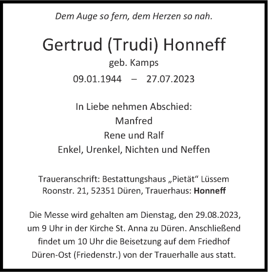 Traueranzeige von Gertrud Honneff von Zeitung am Sonntag