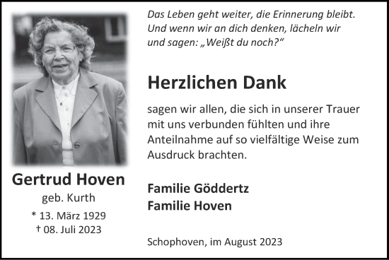 Traueranzeige von Gertrud Hoven von Zeitung am Sonntag