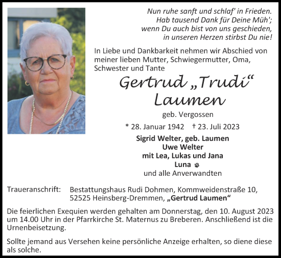 Traueranzeige von Gertrud Laumen von Zeitung am Sonntag