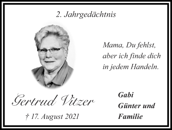 Traueranzeige von Gertrud Vitzer von Zeitung am Sonntag
