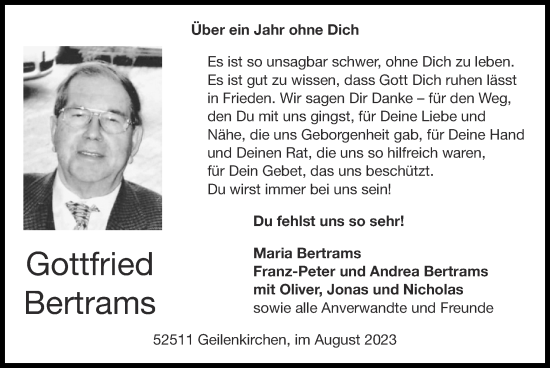 Traueranzeige von Gottfried Bertrams von Zeitung am Sonntag