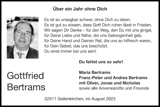 Traueranzeige von Gottfried Bertrams von Zeitung am Sonntag