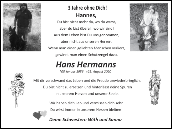 Traueranzeige von Hans  Hermanns von Zeitung am Sonntag