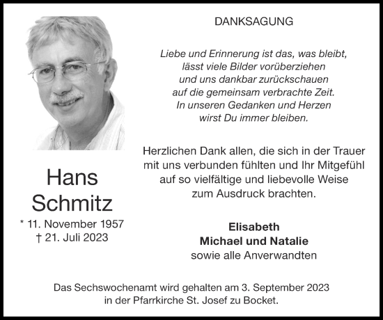 Traueranzeige von Hans Schmitz von Zeitung am Sonntag
