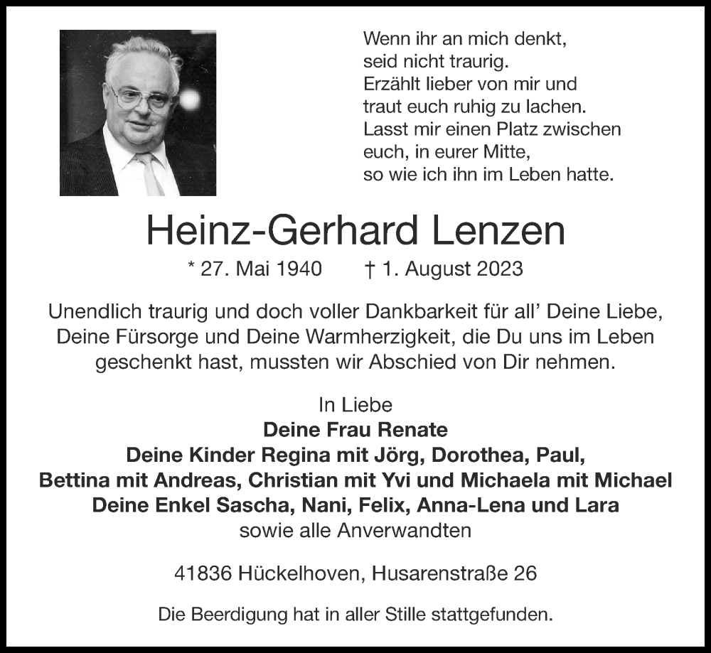 Traueranzeige für Heinz-Gerhard Lenzen vom 13.08.2023 aus Zeitung am Sonntag