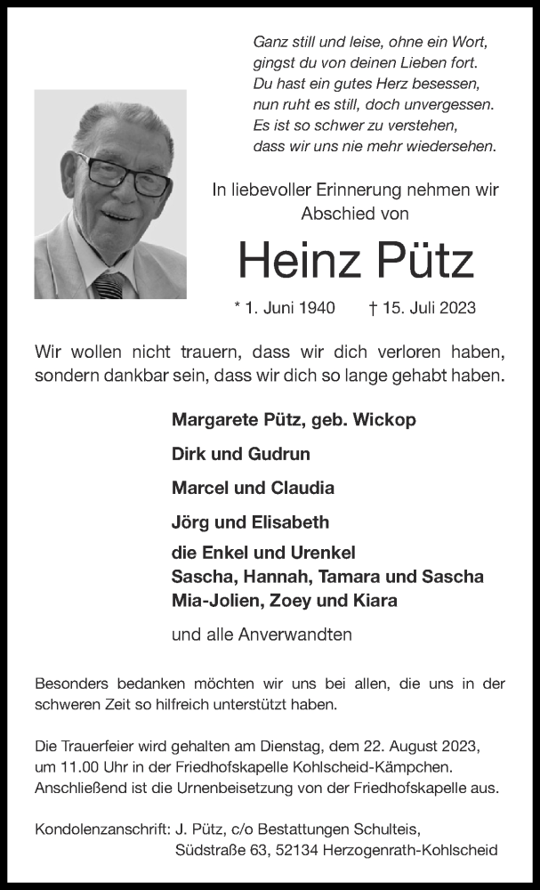  Traueranzeige für Heinz Pütz vom 13.08.2023 aus Zeitung am Sonntag