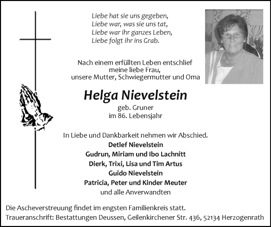 Traueranzeige von Helga Nievelstein von Zeitung am Sonntag